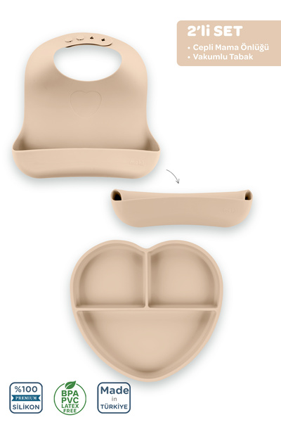 Moki Silikon Beslenme Seti 2'li Latte Bej / Mama Önlüğü, Mama Tabağı