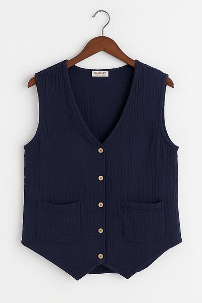 enmodaiçgiyim Women's Navy Blue Vest – 100% Cotton Muslin Fabric, Buttoned, Two Pockets, Summer Stylish Design