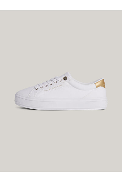 Tommy Hilfiger Kadın Marka Logolu Pamuklu Kanvas Üst Kısımlı Doğal Kauçuk İç Tabanlı Kuçuk Vulkaniz