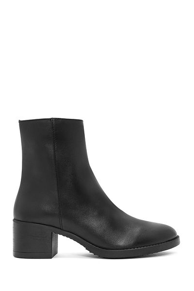 Derimod Women's Black Zippered Short Thick Heeled Leather Boots 24Wfd 281618