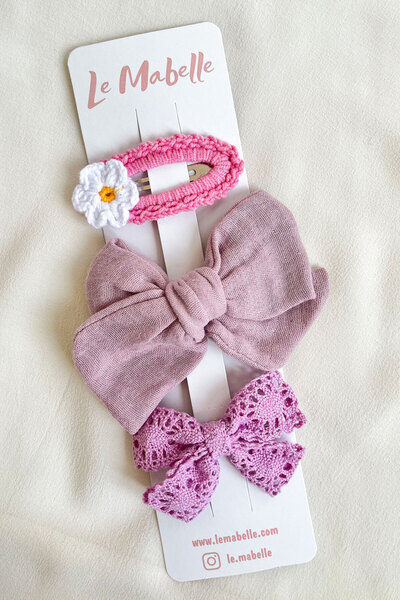 Le Mabelle Lila Örgü Çiçek 3'lü Toka Set