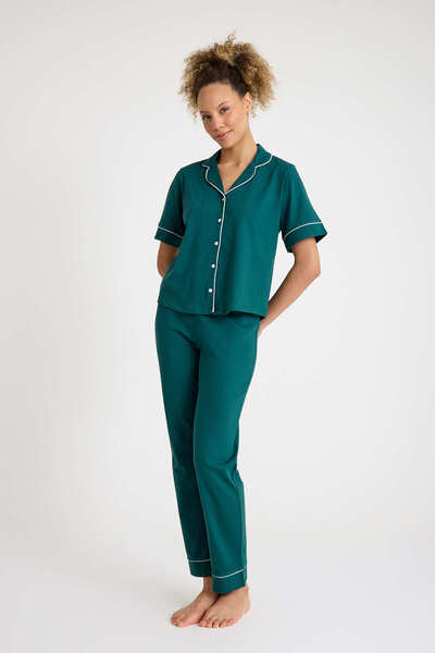 Dennis Denise Cotton Green White Piping Buttoned Women's Pajama Set