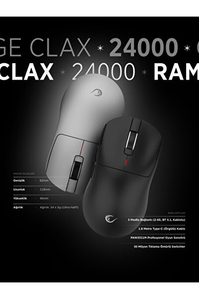 Rampage Clax Ultra Hafif 3311 Sensor 24000 Dpı Kablosuz Oyuncu Mouse Siyah