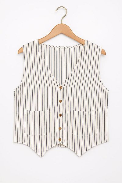 enmodaiçgiyim Women's White Striped Vest – 100% Cotton Muslin Fabric, Buttoned, Two Pockets, Summer Stylish Design