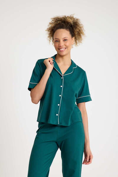 Dennis Denise Cotton Green White Piping Buttoned Women's Pajama Set