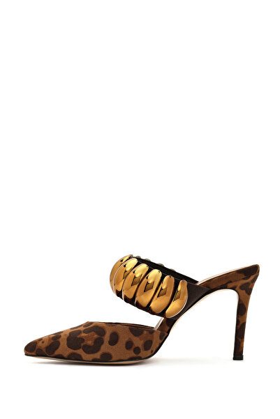 Derimod Women's Leopard Accessory Thin Heeled Suede Leather Slippers 24Wfd230410