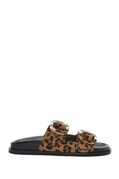 Derimod Women's Leopard Double Buckle Suede Leather Slippers 25Sfd 200710