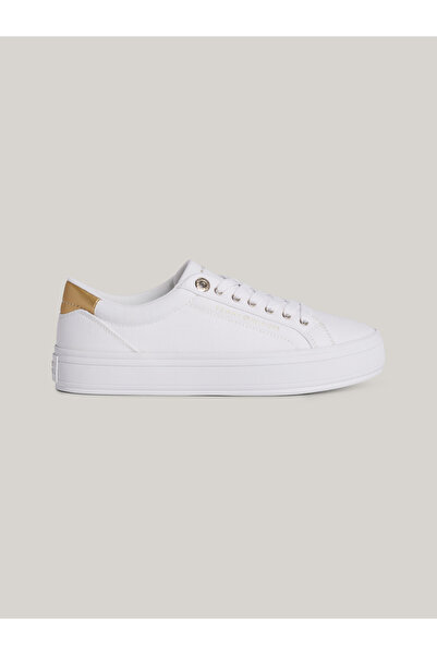 Tommy Hilfiger Kadın Marka Logolu Pamuklu Kanvas Üst Kısımlı Doğal Kauçuk İç Tabanlı Kuçuk Vulkaniz