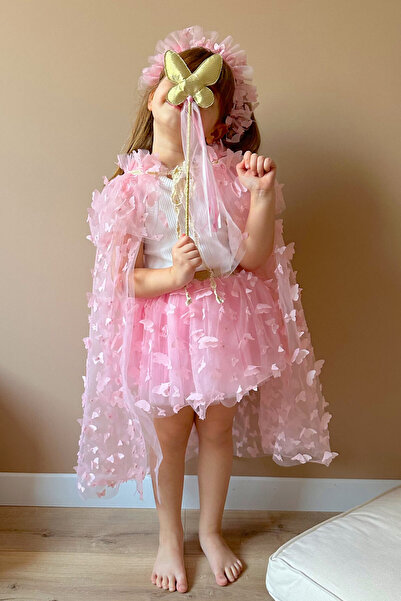 Le Mabelle Pembe  Kelebek Aplikeli Kız Çocuk Pelerin Asa Taç Set