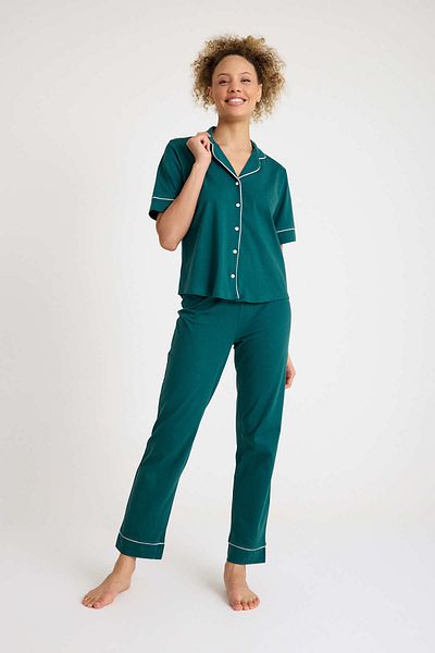 Dennis Denise Cotton Green White Piping Buttoned Women's Pajama Set