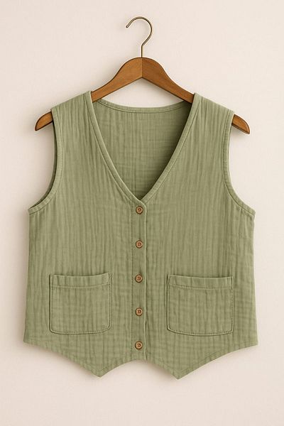 enmodaiçgiyim Mint Green 100% Cotton Muslin Fabric Women's Vest – Pocketed, Buttoned, Lightweight and Breathable