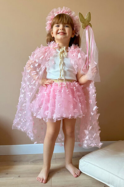 Le Mabelle Pembe  Kelebek Aplikeli Kız Çocuk Pelerin Asa Taç Set