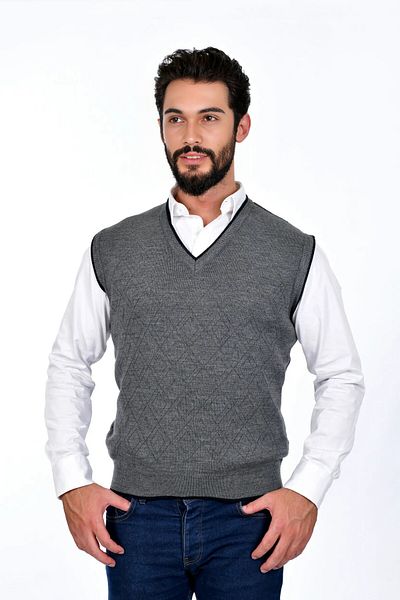 Kamalı Gray Men's Steel Knit Intersiye Winter Thick Knitwear V-Neck Knitwear Knit Non-Pilling Jumpers