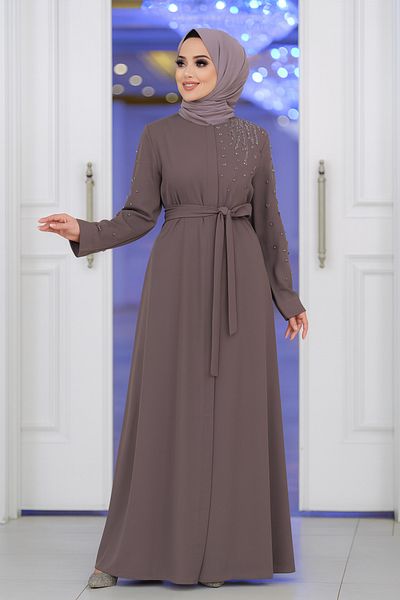 N.S NEVA STYLE Beaded Brown Hijab Ferace 29101Kh