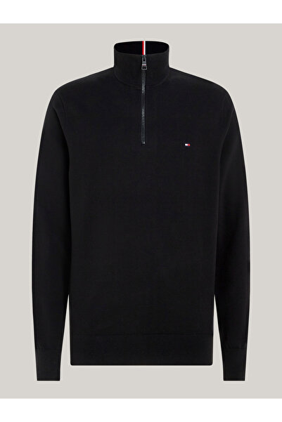 Tommy Hilfiger Men's Brand Logo Organic Cotton Blended Half Zipper Stylish Black Sweats