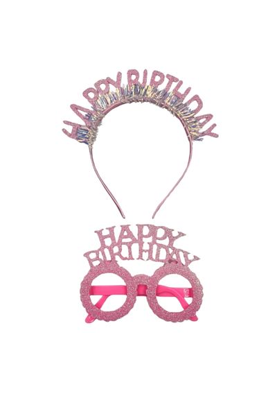 Le Mabelle Pink Happy Birthday Written Crown and Party Glasses