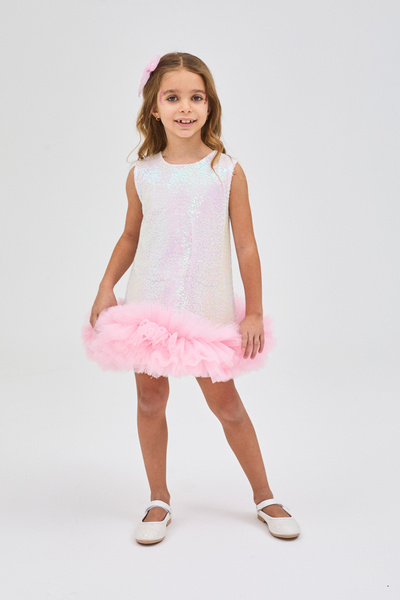 Le Mabelle White Sequined Girl's Dress with Tulle Hem - Evie