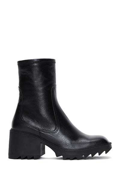 Derimod Women's Black Zippered Thick Heeled Leather Boots 24Wfd 131518