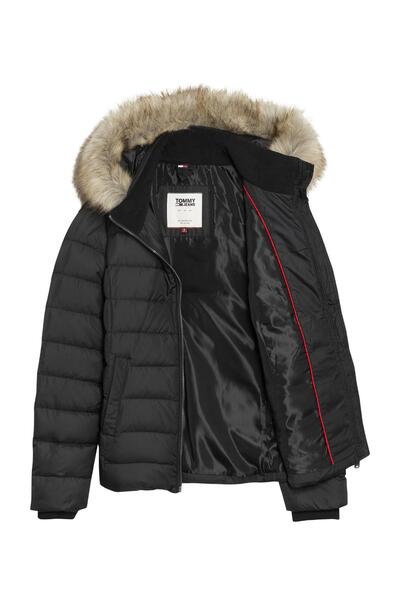 Tommy Hilfiger Kadın Marka Bayrak Logolu Sabit Kapüşonlu Kapitone Dolgulu Siyah Mont DW0DW08588 BDS