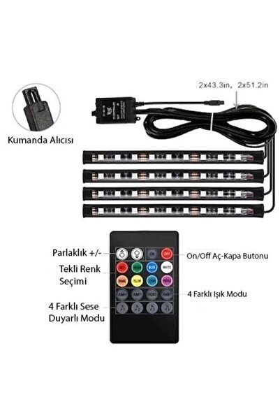 Lalezar Garage Tiger Marketing Araç Içi Aydınlatma Kumandalı Müziğe Duyarlı 9 Led Ayak Altı Led - 7 Renk Rgb