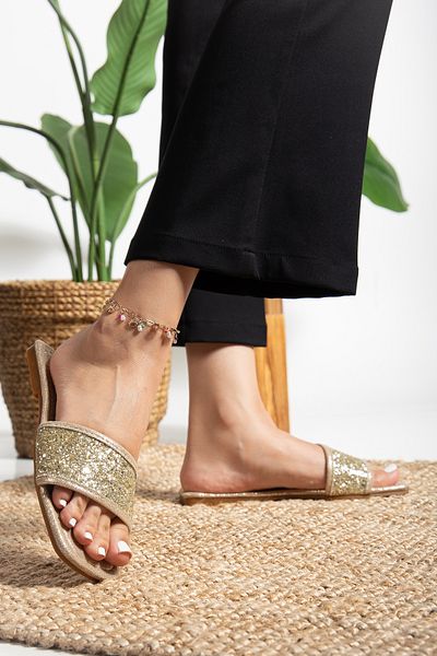 PLN SHOES Orthopedic Sole Tape Glitter Detailed Flat Heel Women's Evening Dress Slippers