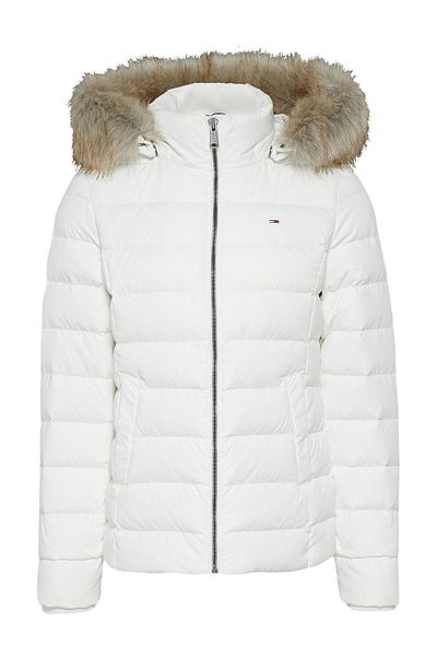 Tommy Hilfiger Women's Brand Flag Logo Fixed Hooded Quilted Padded White Coat Dw0dw08588-ybr