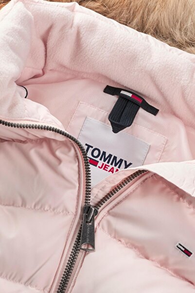 Tommy Hilfiger Women's Brand Flag Logo Fixed Hood Quilted Padded Pink Coat Dw0Dw08588 Tj9