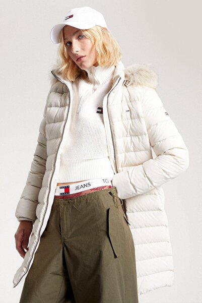 Tommy Hilfiger Kadın Marka Logolu Çift Fermuarlı Dik Yakalı Çıkarılabilir Suni Kürklü Kapüşon Tamame
