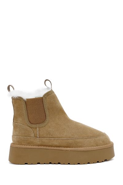 Derimod Women's Tan Thick Soled Shearling Suede Leather Boots 24Wfd 405110