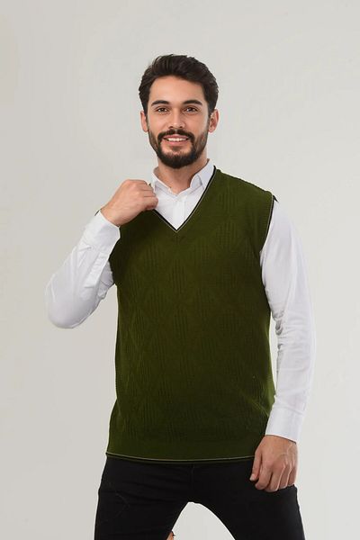 Kamalı Khaki Men's Sweater - V-Neck, Hair Knit Pattern, Knitwear Knit, Non-Pilling Regular Fit
