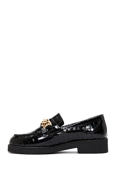 Derimod Black Crocodile Patterned Chain Detailed Leather Women's Loafer - 24Wfd1300E3