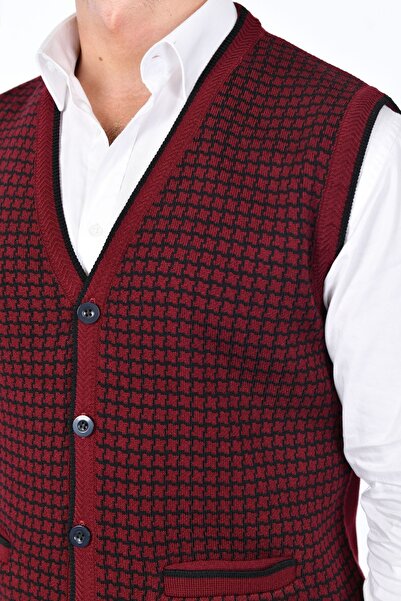 Kamalı Claret Red Men's Steel Knitted Buttoned Pocket Houndstooth Pattern Non-Pilling Knitwear Winter Sweater Vest