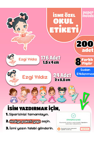 papermoods İsim Yazılabilen Okul Etiketi, Kalem Etiketi Defter Etiketi Prense...