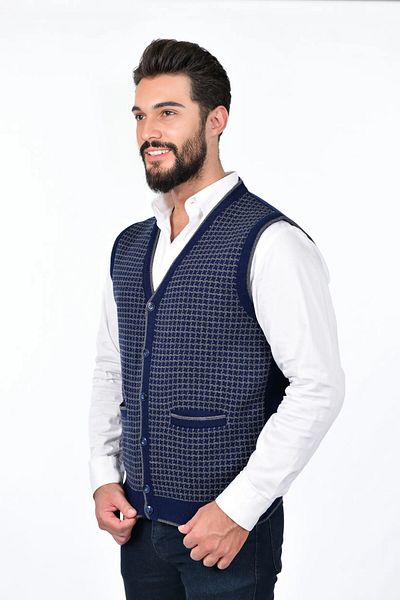 Kamalı Navy Blue Men's Steel Knit Buttoned Pocket Houndstooth Pattern Non-Pilling Knitwear Winter Sweater Vest