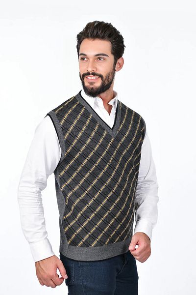 Kamalı Men's Gray Plaid Patterned Thick V-Neck Knitwear Sweater - Non-Pilling Regular Fit