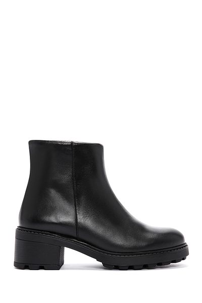 Derimod Black Thick Heeled Zippered Leather Women's Boots - 24Wfd 235718