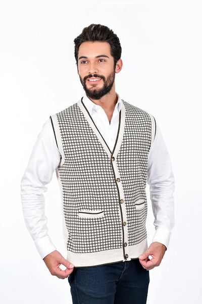 Kamalı Men's Steel Knit Buttoned Pocket Houndstooth Pattern Non-Pilling Knitwear Winter Sweater Vest