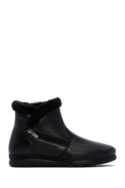 Derimod Women's Black Zippered Fur Detailed Leather Comfort Boots 24Wfd 235318