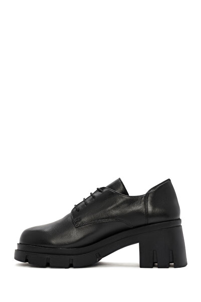 Derimod Kadın Siyah Bağcıklı Kalın Topuklu Deri Maskülen Klasik Ayakkabı 24WFD413618