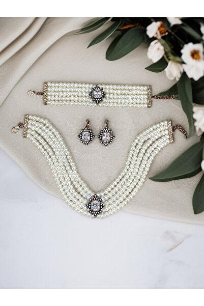 FAYRA ACCESSORIES Baget Zirkon Taşlı İnci Kolye Küpe ve Bileklik Seti