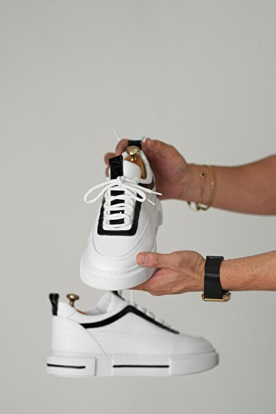 TETRİ Drew Model Hakiki Deri El Yapımı Erkek Beyaz Siyah Rugan Sneakers Ayakkabı