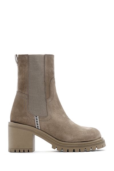 Derimod Women's Beige Chelsea Heeled Suede Leather Boots 24Wfd183510