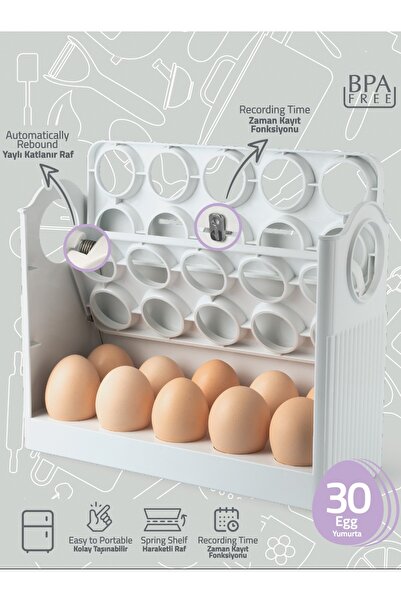 MappleHome 30 Bölmeli Yaylı 3 Katlı Raf Yumurtalık Saklama Kutusu Buzdolabı Y...