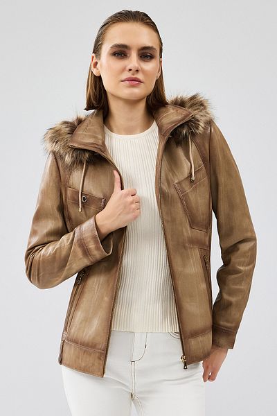 Derimod Meggy Beige Hooded Furry Women's Leather Jacket - 24Wge5210Nc