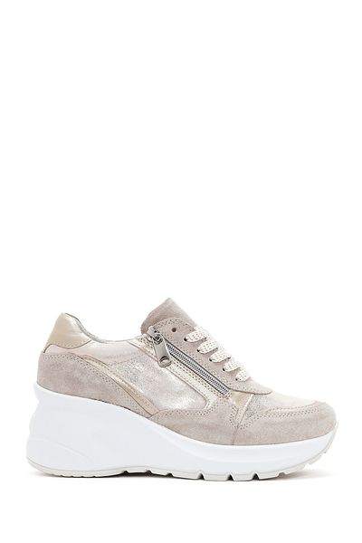 Derimod Women's Beige Wedge Heeled Lace-Up Leather Sneaker 24Sfd371314