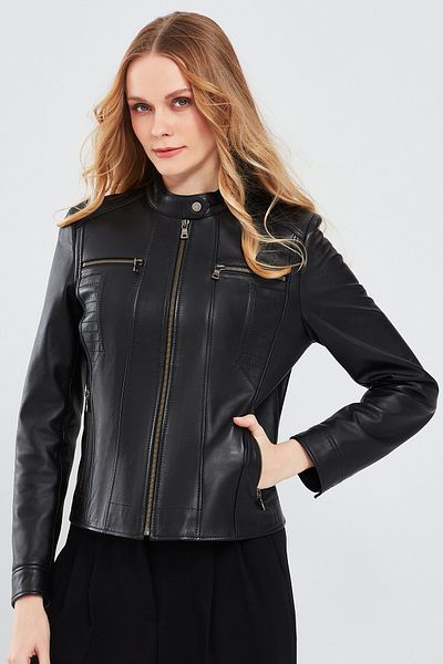 Derimod Marlyn Women Black Short Leather Jacket 23Wge51331M