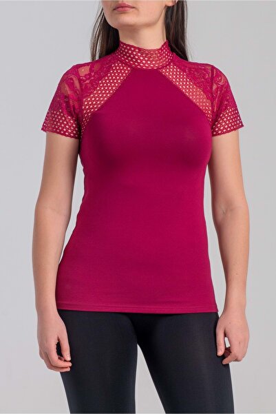 Belinay 8002 بدلة نسائية بأكمام قصيرة من الدانتيل بلون الكرز M