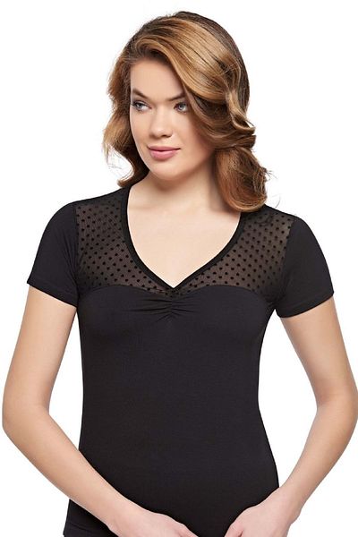 Belinay 8024 Women's Tulle Detail V Neck Short Sleeve Body Black M