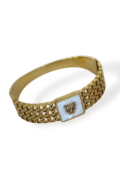 CAŞ DEKORASYON Gold Color Tiger Figured Steel Handcuff Bracelet