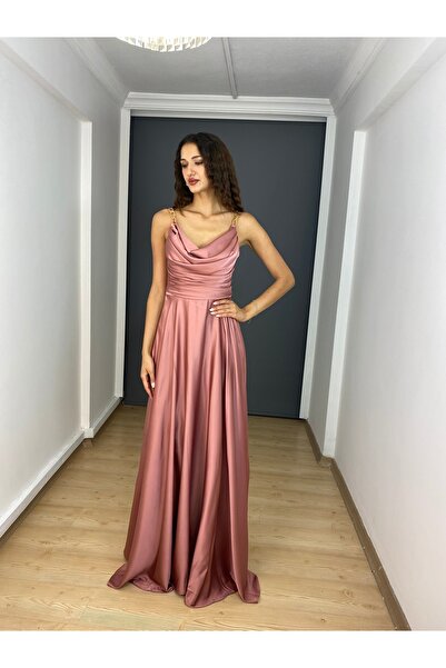 gökkuşagı moda Gül Kurusu Saten A Kesim Değaje Yaka Zincir Askılı Uzun Abiye ...